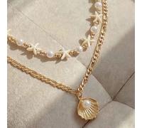 2 pezzi / set Collana estiva bohémien con perle a forma di onda dell'oceano, pendente a forma di stella marina e conchiglia, gioiello in metallo alla moda, adatto per uso quotidiano, vacanze al mare e