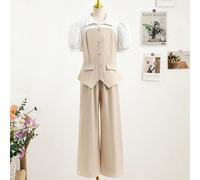 2 pezzi/set Completo camicia per ragazze adolescenti, caratterizzato da un design a contrasto di colore solido unico, abbinato a maniche a sbuffo carine, come un outfit quotidiano alla moda per ragazz