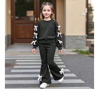 2 pezzi/set Completo casual da ragazza con felpa e pantaloni a zampa, felpa con maniche lunghe e collo a giro con fiocco, pantaloni eleganti a zampa, comodo e alla moda per primavera/autunno 6Y,7Y,8Y,