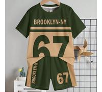 2 pezzi/set Completo casual di maglietta e pantaloncini per ragazzo, colore classico sportivo a blocchi, stampa patchwork, slogan 6, 7, Six, Seven testo grafico 6Y,7Y,4Y,5YLettereTessuto