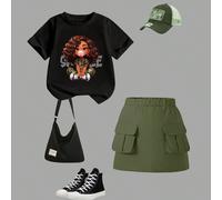 2 pezzi/set Completo casual di moda primavera/estate per ragazze giovani, composto da t-shirt a maniche corte e gonna, con design di personaggi dei cartoni animati cool, t-shirt a collo tondo comoda e