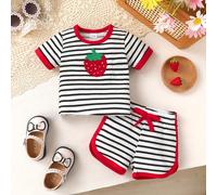 2 pezzi/set Completo casual ed elegante per bambina, morbido, traspirante e confortevole, maglietta a maniche corte con ricamo a fragola e pantaloncini sportivi a righe 6-9M,9-12M,12-18M,18-24M,2-3YA 