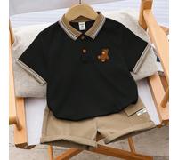 2 pezzi/set, completo casual per bambini maschi composto da polo con simpatico orso e pantaloncini beige, adatto per scuola, giardino, spiaggia, compleanni, primavera, estate, autunno, inverno 6Y,7Y,4