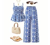 2 pezzi/set Completo casual per ragazze adolescenti, composto da canotta e pantaloni a gamba ampia, in tessuto con texture intrecciata, vita elastica, adatto per l'estate 14Y,12Y,13Y,16Y,15Ystampa dap