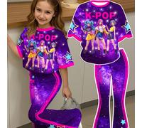 2 pezzi/set Completo casual per ragazze pre-adolescenti con maglietta a maniche corte e pantaloni con stampa cielo stellato viola e motivi cartoni animati K-pop, adatto per l'estate 7Y,8Y,9Y,10Y,11Y,1