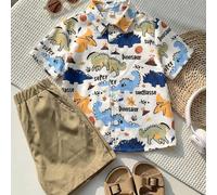 2 pezzi/set Completo casual per ragazzo bambino, composto da camicia a maniche corte con colletto hawaiano e stampa di dinosauri, e pantaloncini, adatto per primavera/estate, uso quotidiano, sport, us