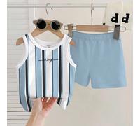 2 pezzi/set Completo casual per ragazzo giovane con maglietta a canotta con grafica "Re" a righe e pantaloncini, adatto per l'estate, per la street photography, l'uso quotidiano, le uscite, la casa, l