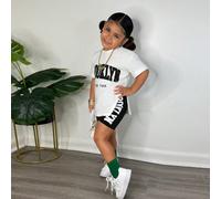 2 pezzi/set Completo corto estivo in maglia, top a maniche corte girocollo e pantaloncini corti, stile sportivo urban fashion per ragazze giovani 6Y,7Y,4Y,5YLettereTessuto in maglia