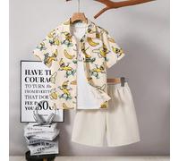 2 pezzi/Set Completo di maglietta a maniche corte con colletto alla coreana e pantaloncini corti in stile casual allentato per ragazzi pre-adolescenti 8Y,9Y,10Y,11Y,12YAnimale,Fumetto,Lettere,stampa d