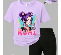 2 pezzi/set Completo di maglietta a maniche corte e leggings in stile casual Y2K alla moda per ragazze pre-adolescenti, adatto per primavera/estate, ritorno a scuola, outfit per esterno/casa/viaggio 6