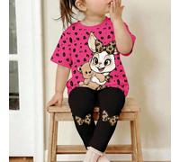2 pezzi/set Completo di maglietta e leggings con stampa carina di coniglio e leopardo, maglietta casual a maniche corte con collo tondo e pantaloni skinny, adatto per bambine, ideale per primavera/est