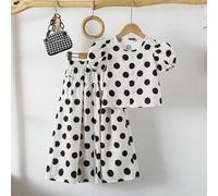 2 pezzi/set Completo di ragazza giovane con maglietta a maniche corte a collo rotondo e pantaloni a zampa con motivo a pois, adatto per primavera/estate 6Y,7Y,4Y,5YPoisTessuto intrecciato