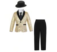 2 pezzi Set Completo Elegante per Bambini. Questo è un set di abito formale per un ragazzo giovane. La parte superiore è una giacca blazer in tessuto jacquard dorato con colletto alla coreana e bordi 