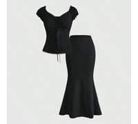 2 pezzi/set Completo estivo da donna, Blusa aderente con scollo a V, decorazione fiocco, contrasto a pois, pizzo, Gonna L,M,S,XSTessuto in maglia