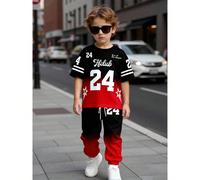2 pezzi/set Completo maglietta e pantaloni per ragazzi con stampa di elementi digitali, sfumatura rosso e nero, moda casual e comoda, adatta per tutte le stagioni 6Y,7Y,4Y,5YGeometrico,Lettere,A stris