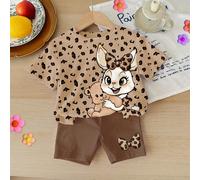 2 pezzi/set Completo top e pantaloncini corti con stampa carina di coniglio e leopardo, t-shirt a maniche corte casual e ampia con collo rotondo e leggings per bambine, adatto per primavera/estate, us