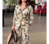 2 pezzi Set con stampa vintage, comodo & versatile, con pantaloni a gamba larga e revers; adatto per aeroporto, vacanza sull'isola o shopping quotidiano, elegante e estetico per la primavera L,M,S,XL,