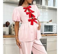 2 pezzi Set coordinato estivo da donna, composto da camicia con maniche a petalo e fiocco e pantaloni, in colore rosa L,M,S,XL,XS,XXL,XXS,XXXL,XXXXLFioccoTessuto intrecciato