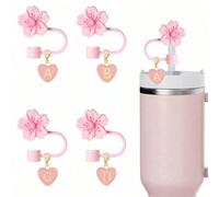 2 pezzi/Set Copri-cannuccia carini a forma di fiore 10mm/0,4 pollici in silicone con ciondolo a forma di cuore rosa e lettera iniziale per bicchieri da 30oz & 40oz - Copri-cannuccia riutilizzabili e a