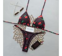 2 pezzi/Set Costume da bagno bikini sexy con stampa all-over di ciliegie e lacci sulla schiena per donne, spiaggia, vacanza, palco e concerto, estate marrone L,M,S,XSFrutta & verdura,Piante,Stampa Cas