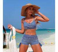 2 pezzi Set costume da bagno da donna, tessuto a trama a righe blu e bianche, busto con incrocio, pantaloncini con lacci laterali, costume da bagno alla moda per vacanze in spiaggia L,M,S,XLA strisceT