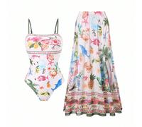 2 pezzi/Set Costume da bagno estivo da spiaggia con stampa, costume intero da donna con spalline sottili e gonna lunga in rete, set sexy L,M,S,XLAnimale,GraficoTessuto