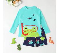 2 pezzi/set Costume da bagno per bambino con stampa di rana carina, manica lunga e pantaloncini, estivo 6Y,7Y,8Y,4Y,5YAnimale,Fumetto,Geometrico,DinosauroTessuto