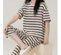 2 pezzi Set da donna casual con colore unito, felpa a girocollo a righe e pantaloni capri, adatto per primavera e estate, regalo per la festa della mamma, set da due pezzi L,M,S,XL,XS,XXLTessuto in ma