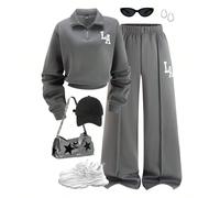 2 pezzi Set da donna, Nuovo Autunno/Inverno, Felpa con cappuccio e chiusura lampo a collo alto grigio scuro, abbinata a pantaloni della tuta a costine con maniche lunghe, stampa lettera LA, comodo e c