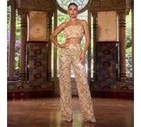 2 pezzi Set da donna per feste, incluso top corto con volant senza spalline e pantaloni a zampa larga con paillettes, tessuto elastico, adatto per festival musicali, concerti, gala, red carpet ed even