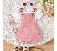 2 pezzi Set da neonato/neonata con tuta a maniche corte carina + pantaloncini con bavaglino, abito leggero estivo 6-9M,9-12M,12-18M,18-24M,2-3Y,3-6M,0-3MFloreale,Geometrico,PianteTessuto