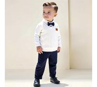 2 pezzi Set da ragazzo in stile gentleman, composto da 1 polo a maniche lunghe a blocchi di colore con fiocco + pantaloni casual in tinta unita con vita elastica, alla moda e elegante, adatto per matr