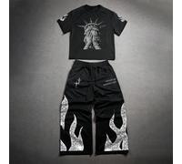2 pezzi Set da uomo con maglietta a maniche corte a girocollo e pantaloni con coulisse, Completo nero alla moda "Freedom Soul" | Maglietta con grafica della Statua della Libertà di New York e pantalon