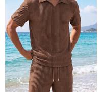 2 pezzi Set da uomo in stile vacanza con polo a maniche corte scollo a V e pantaloncini con coulisse, texture a costine verticali marroni, tessuto leggero e traspirante, confortevole e delicato sulla 