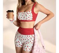 2 pezzi Set da yoga per donna con top e pantaloncini casual, stampa floreale e a pois, stile carino e dolce L,M,S,XLPianteTessuto in maglia