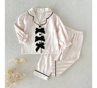 2 pezzi Set di abbigliamento casual da casa per bambine, composto da top a maniche lunghe con fiocco in raso rosa a righe e pantaloni in raso 6-9M,9-12M,12-18M,18-24M,2-3YA strisceTessuto