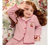 2 pezzi Set di abbigliamento casual per la casa per ragazze giovani, composto da pantaloni lunghi rosa corallo chic e semplice con ricamo di ciliegie e una camicia maniche lunghe oversize 6Y,7Y,4Y,5YP
