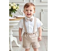2 pezzi Set di abbigliamento elegante da gentiluomo per bambini piccoli, inclusa camicia bianca a maniche corte con colletto e papillon, e pantaloncini casual con vita elastica e bretelle, alla moda e