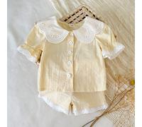 2 pezzi Set di abbigliamento per bambine con colletto in pizzo, camicia a maniche corte gialla e pantaloncini jacquard, colletto alla bambola, fresco e dolce, camicia casual con bottoni, adatto per us