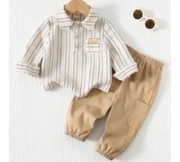 2 pezzi Set di abbigliamento per bambino, composto da camicia a maniche lunghe con collo a revers e mezza patta in colori vivaci a righe, abbinata a pantaloni cargo casual con vita elastica, per bambi