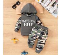 2 pezzi Set di abbigliamento per bambino maschio composto da felpa con cappuccio morbida e comoda con stampa di lettere e mimetismo, e pantaloni con stampa mimetica e colore a contrasto, adatto per ca
