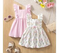 2 pezzi/set di abiti senza maniche per bambine, con scollo quadrato, maniche a volant sulla spalla, design in vita arricciato per accentuare la figura carina. Uno in bianco con stampa floreale ditsy e