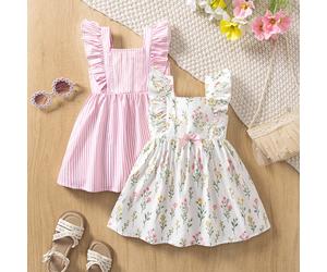 2 pezzi/set di abiti senza maniche per bambine, con scollo quadrato, maniche a volant sulla spalla, design in vita arricciato per accentuare la figura carina. Uno in bianco con stampa floreale ditsy e