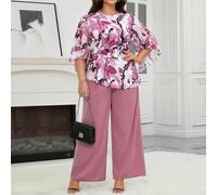 2 pezzi Set di abito da donna taglia grande con pantaloni a gamba ampia e camicia con maniche a sbuffo, stampa batik, look per vacanze 0XL,1XL,2XL,3XL,4XLstampa dappertuttoTessuto intrecciato