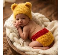 2 pezzi Set di accessori fotografici per neonati, cappellino a maglia giallo a forma di orsetto e coprispalle rosso a bottoni per bambino/a, outfit lavorato a maglia per servizio fotografico 0-1 meseP
