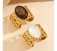 2 pezzi Set di anelli in acciaio inossidabile di lusso alla moda color oro con pietre preziose occhio di gatto marroni e bianche, adatti per uso quotidiano o come regalo per le donne Tagli UnicaAcciai