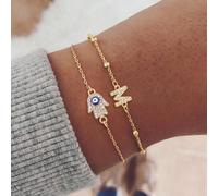 2 pezzi / set di braccialetti alla moda con catena a più strati, in acciaio inossidabile color oro, con ciondolo a forma di mano di Hamsa e iniziale con zirconi, per le donne L,M,S,H,A,T,O,B,C,D,E,F,G