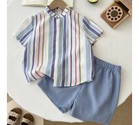 2 pezzi Set di camicia a maniche corte con colletto alla coreana e pantaloncini a righe casual e versatile per ragazzi pre-adolescenti, adatto per matrimoni, spiaggia, ritorno a scuola, primavera/esta