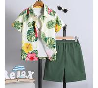 2 pezzi Set di camicia a maniche corte con colletto e pantaloncini casual da esterno per ragazzi, stile vacanza tropicale Los Angeles, spiaggia, albero di cocco, viaggio, stampa a motivi, stile isolan