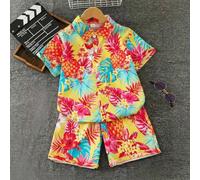 2 pezzi Set di camicia a maniche corte con colletto e pantaloncini casual da esterno per ragazzi, stile vacanza tropicale Los Angeles Beach con albero di cocco, primavera/estate 8Y,9Y,10Y,11Y,12Ystamp